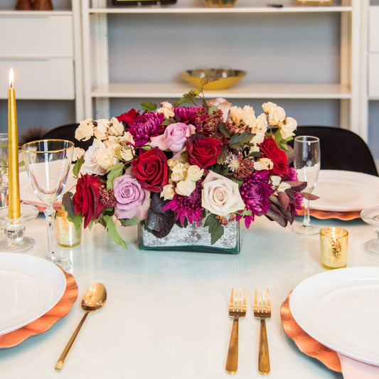 Jewel toned Thanksgiving floral centerpiece