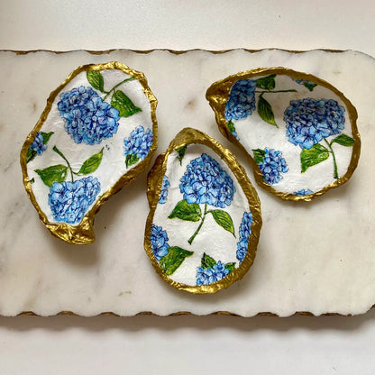 Blue Hydrangea Oyster Shell Jewelry Dish
