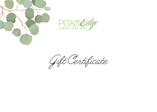 A gift certificate template from Petal's Edge Floral Design, featuring a watercolor eucalyptus branch in the top-left corner, the brand logo in green at the top, and black text reading 'Gift Certificate' along with the address, phone number, and website on a white background.