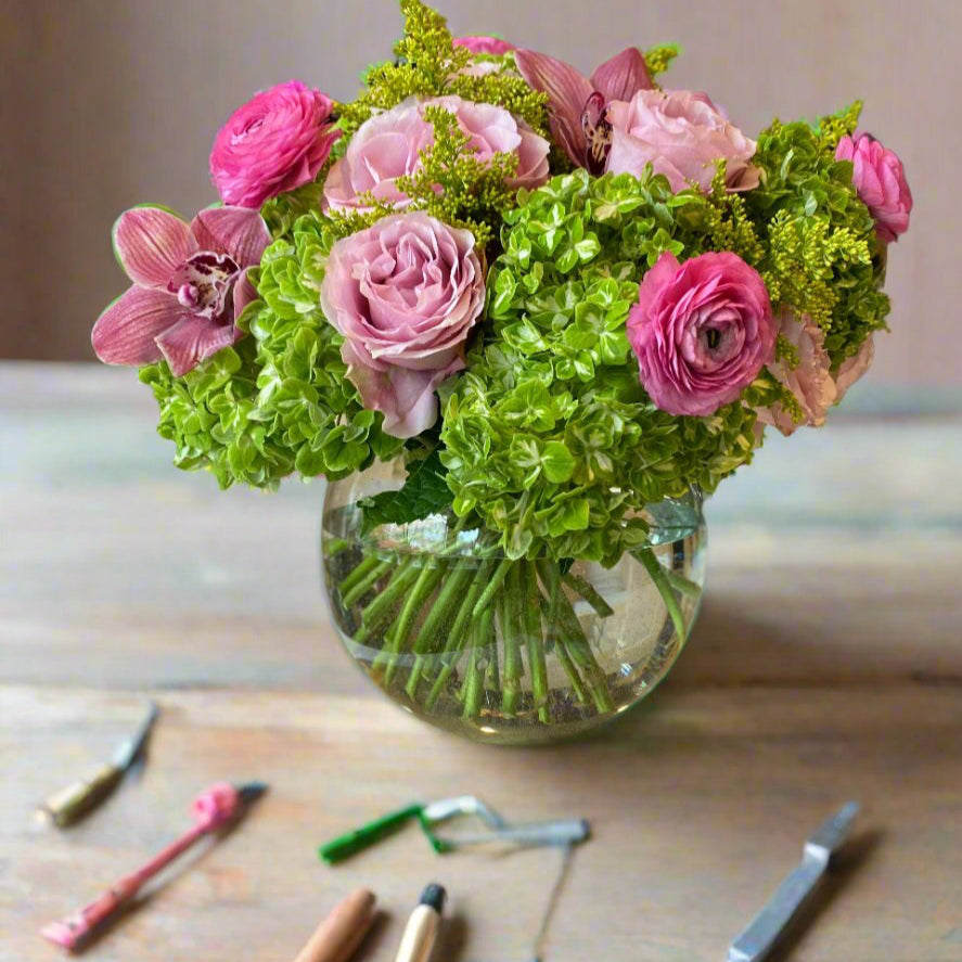 Extra Large Luxe Fresh Flowers, incl. Hydrangea, Ranunculus, Secret Garden Roses, and Cymbidium Orchids in a Large Bubble Bowl