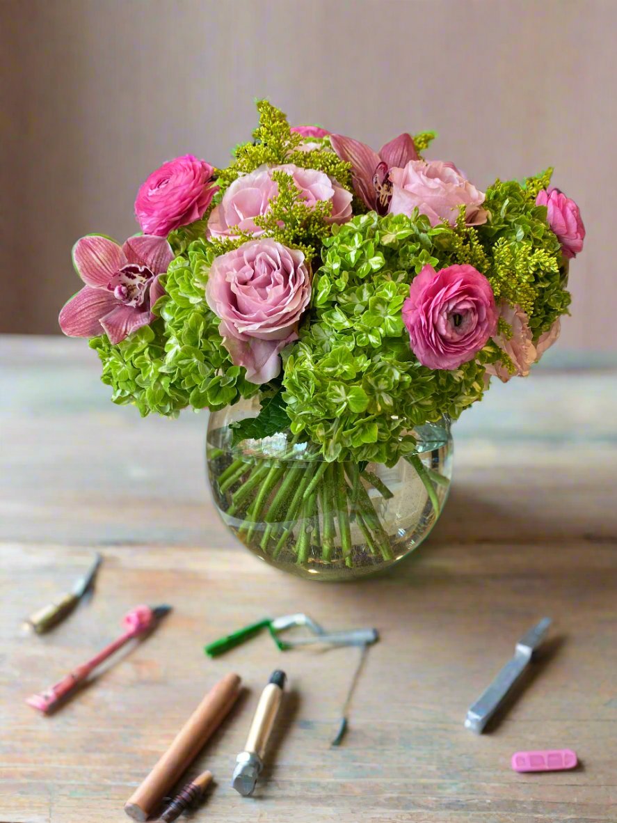 Extra Large Luxe Fresh Flowers, incl. Hydrangea, Ranunculus, Secret Garden Roses, and Cymbidium Orchids in a Large Bubble Bowl