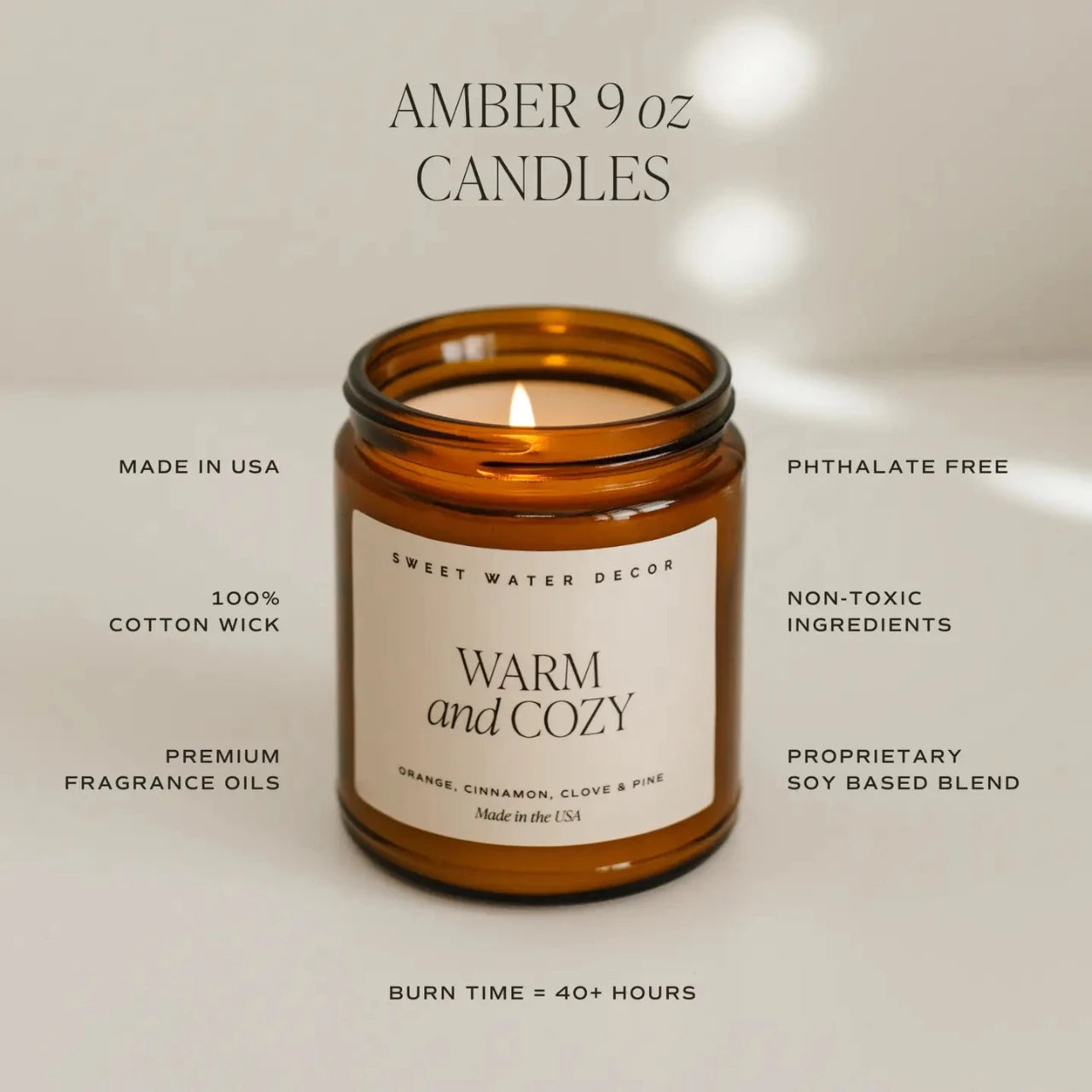 Amber candle with a label on a neutral background