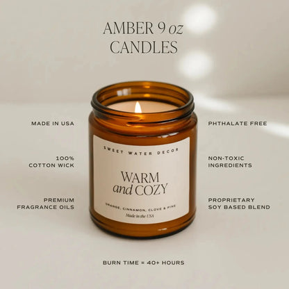 Amber candle with a label on a neutral background