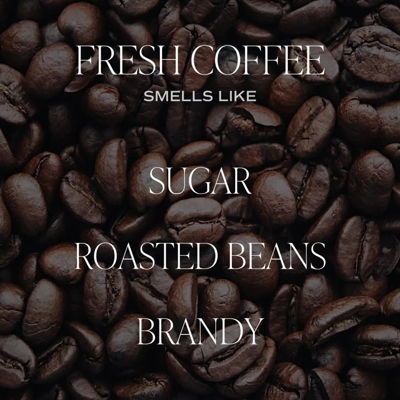 Close-up of coffee beans with text overlay about coffee aroma.