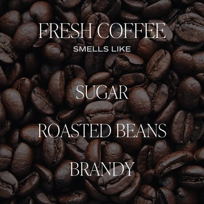 Close-up of coffee beans with text overlay about coffee aroma.