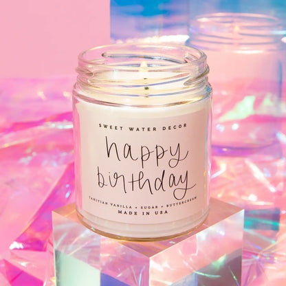White soy candle with Happy Birthday label