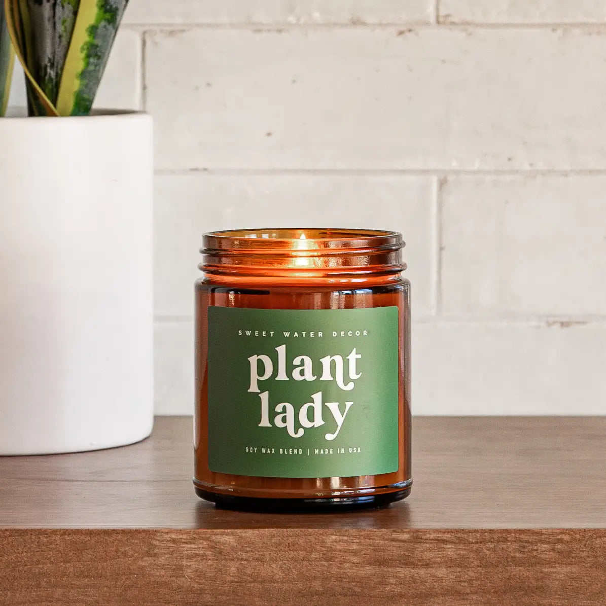 A brown jar candle with a label that reads 'Plant Lady', placed on a wooden surface with a white background and green leaves in the background.