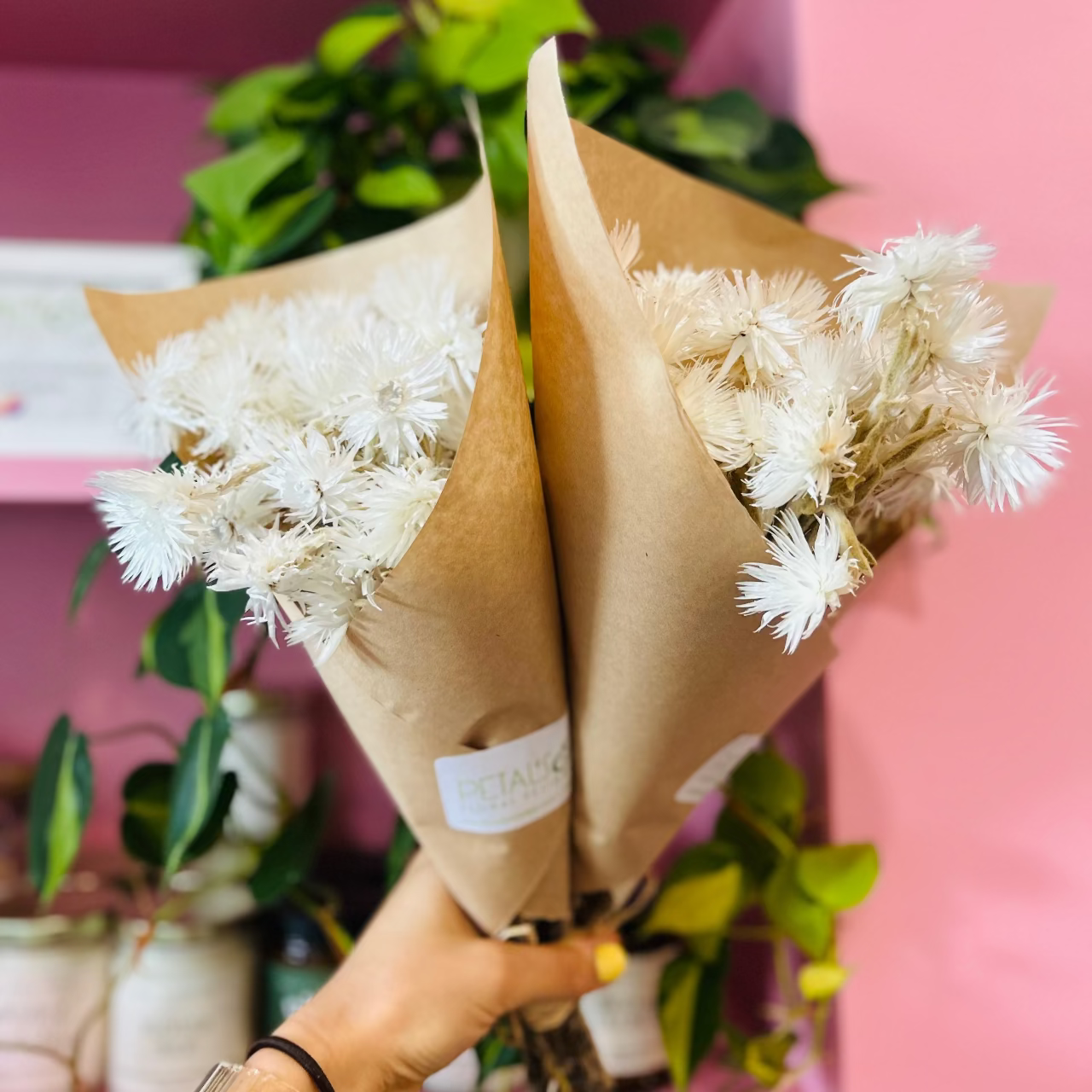Bouquets of dried flowers wrapped in brown paper held against a pink background with shelves.