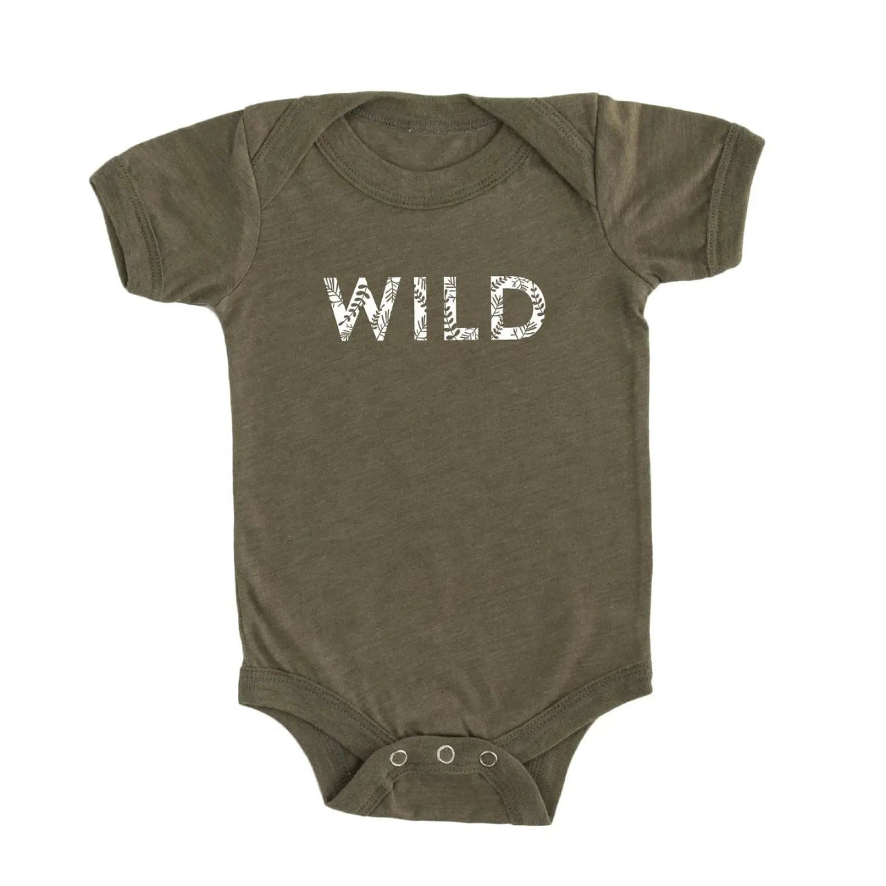 Child onesie in olive green that says WILD