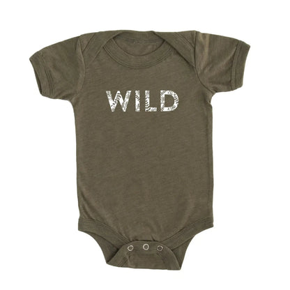 Child onesie in olive green that says WILD