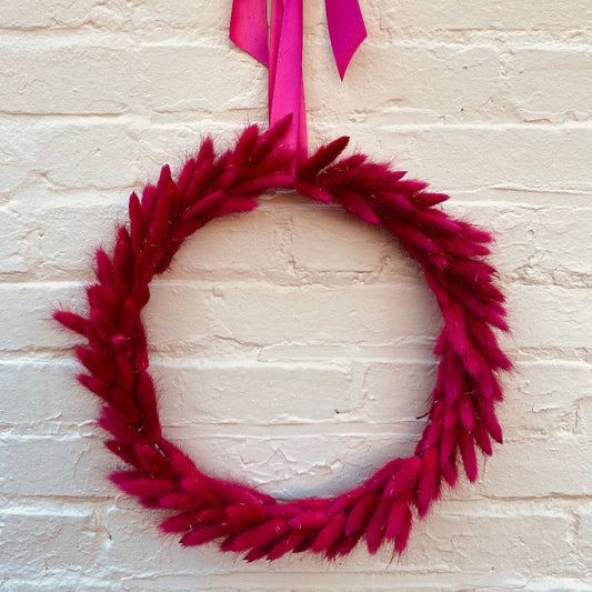 Hot Pink Bunny Tail Wreath, finished with matched satin bow