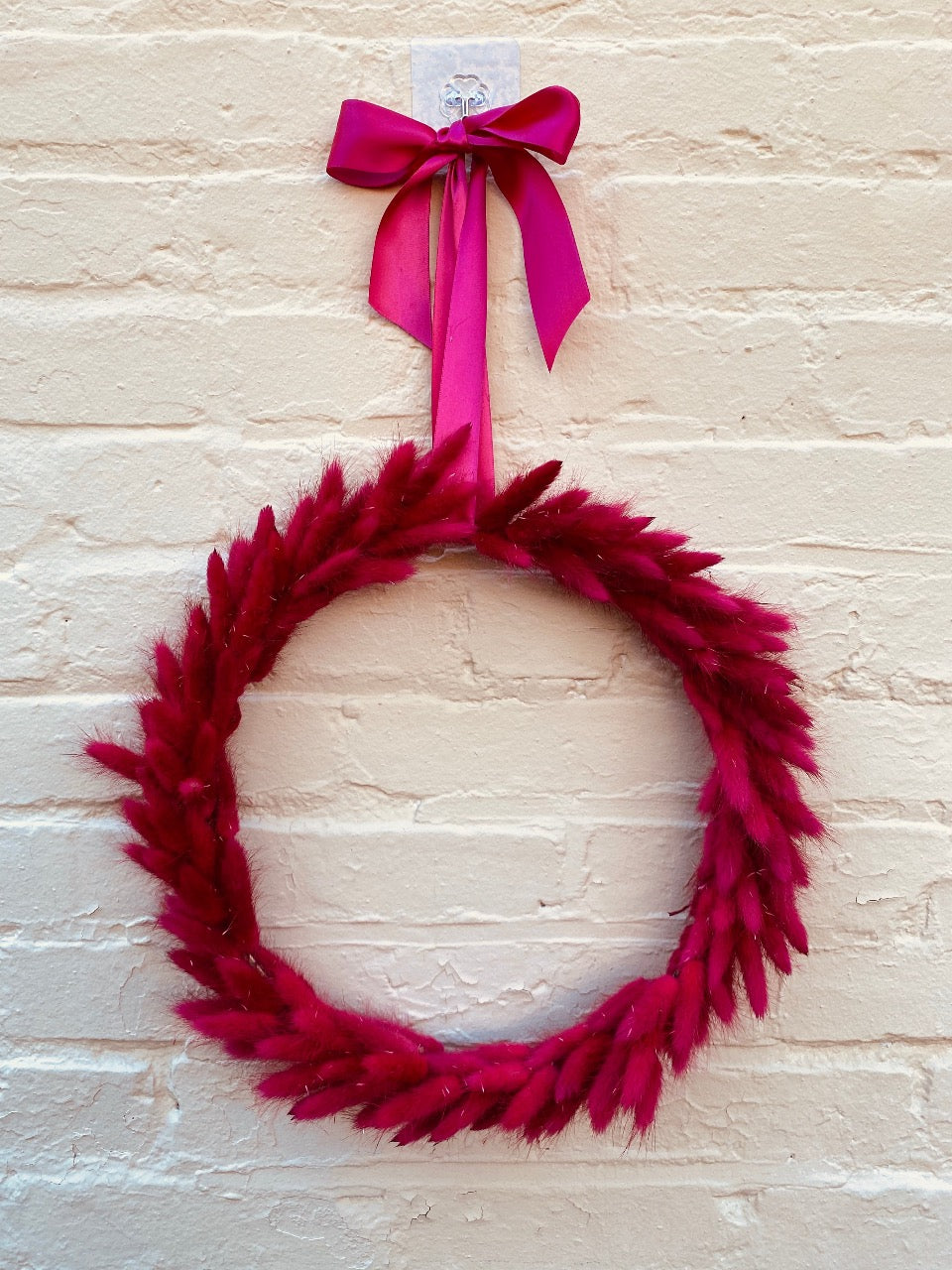 Hot Pink Bunny Tail Wreath, finished with matched satin bow