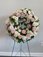 Load image into Gallery viewer, Floral sympathy wreath on easel
